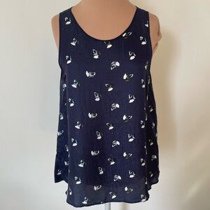 ODEEH Silk Viscose Abstract Flower Navy Blue Sleeveless Keyhole Back Blouse 36/6